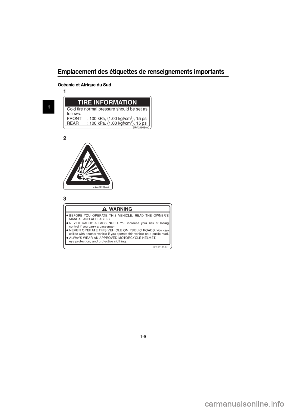 YAMAHA TT-R110E 2016 Notices Demploi (in French) Emplacement des étiquettes de renseignements importants
1-9
1
Océanie et Afrique d u Sud
4AA-22259-40
3PT-2118K-A1
3RV-21668-A0
TIRE INFORMATION
Cold tire normal pressure should be set as
follows.
YAMAHA TT-R110E 2016 Notices Demploi (in French) Emplacement des étiquettes de renseignements importants
1-9
1
Océanie et Afrique d u Sud
4AA-22259-40
3PT-2118K-A1
3RV-21668-A0
TIRE INFORMATION
Cold tire normal pressure should be set as
follows.