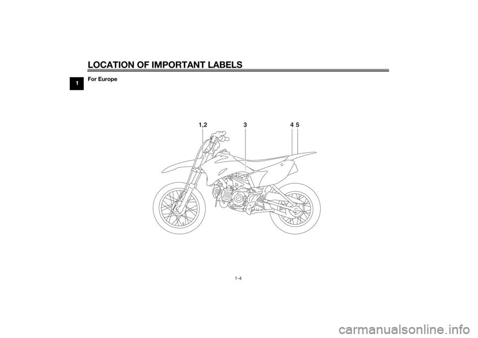 YAMAHA TT-R110E 2015 User Guide LOCATION OF IMPORTANT LABELS
1-4
1For Europe
4
1,25
3
UB5180E0.book  Page 4  Monday, June 9, 2014  1:20 PM 