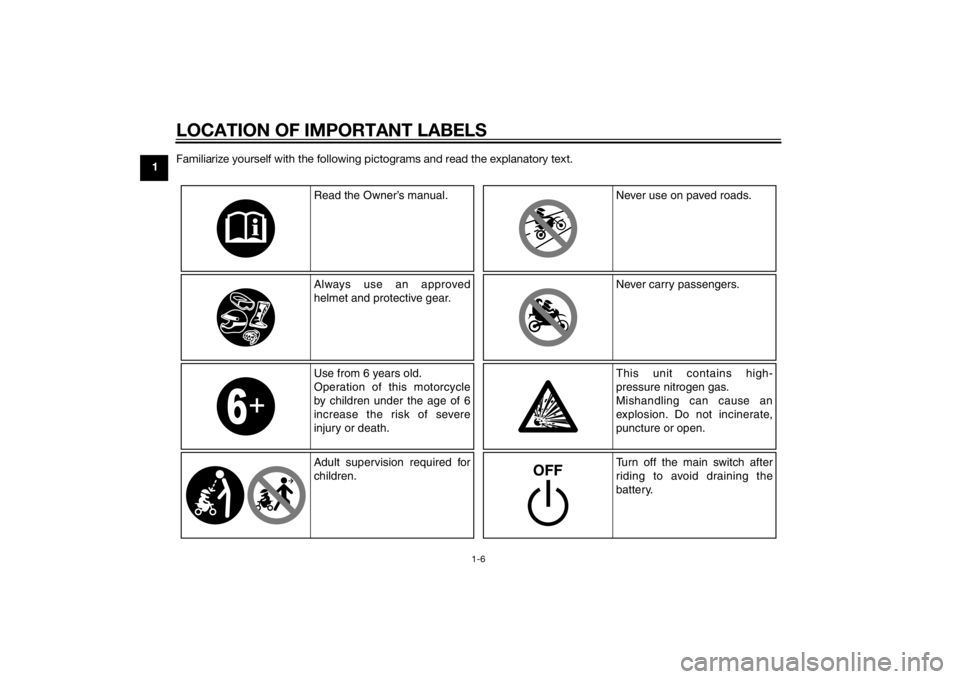 YAMAHA TT-R110E 2015 User Guide LOCATION OF IMPORTANT LABELS
1-6
1Familiarize yourself with the following pictograms and read the explanatory text.
Read the Owner’s manual.
Always use an approved 
helmet and protective gear. Never
