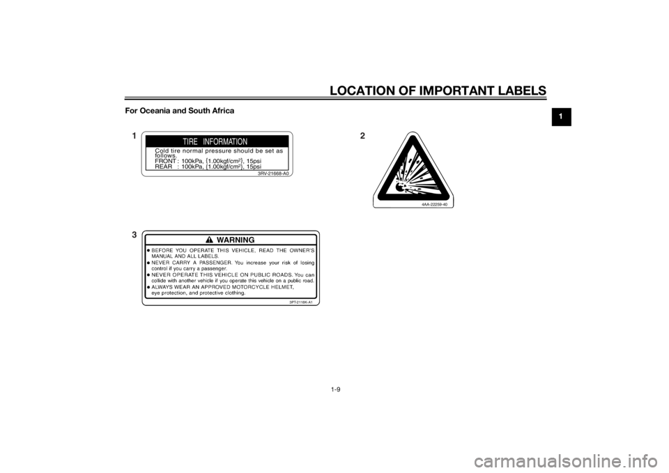 YAMAHA TT-R110E 2015 User Guide LOCATION OF IMPORTANT LABELS1-9
1
For Oceania an
d South Africa
TIRE   INFORMATION
Cold tire normal pressure should be set as
follows.
FRONT : 100kPa,  {
1.00kgf/cm
2}, 15psi
REAR : 100kPa, {1.00kgf/c