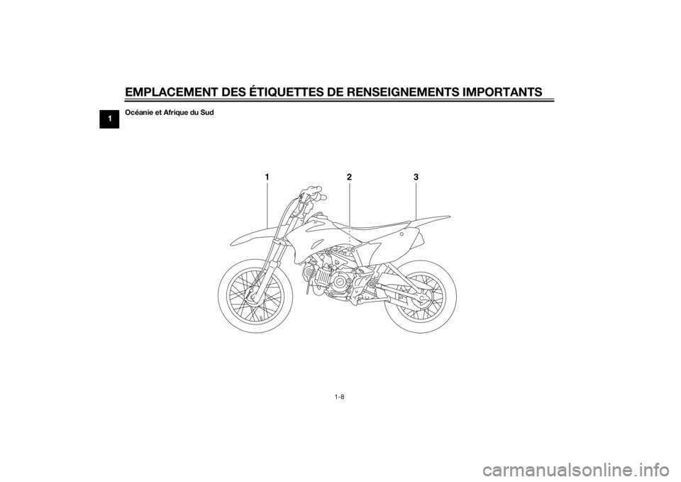 YAMAHA TT-R110E 2015  Notices Demploi (in French) EMPLACEMENT DES ÉTIQUETTES DE RENSEIGNEMENTS IMPORTANTS
1-8
1
Océanie et Afrique du Su d
13
2
UB5180F0.book  Page 8  Tuesday, June 10, 2014  9:06 AM 