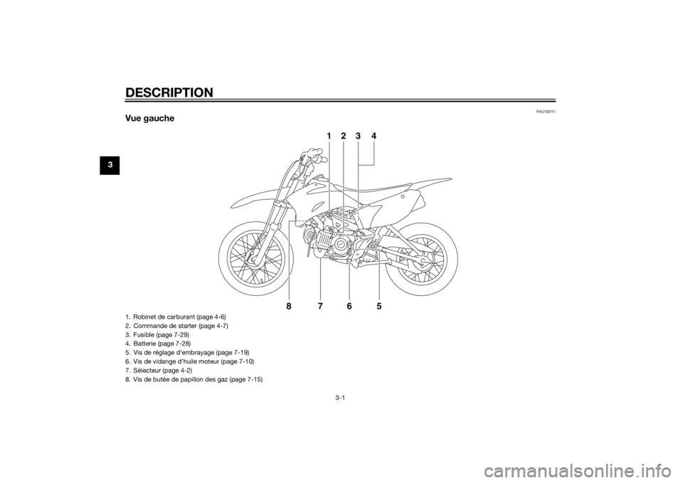 YAMAHA TT-R110E 2015  Notices Demploi (in French) DESCRIPTION
3-1
3
FAU10411
Vue gauche
678
123 4
5
1. Robinet de carburant (page 4-6)
2. Commande de starter (page 4-7)
3. Fusible (page 7-29)
4. Batterie (page 7-28)
5. Vis de réglage d’embrayage (
