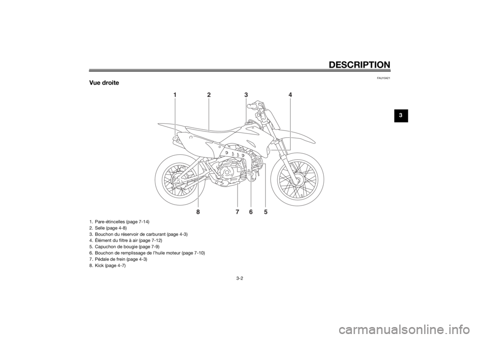 YAMAHA TT-R110E 2015  Notices Demploi (in French) DESCRIPTION
3-2
3
FAU10421
Vue droite
12 3 4
85 7
6
1. Pare-étincelles (page 7-14)
2. Selle (page 4-8)
3. Bouchon du réservoir de carburant (page 4-3)
4. Élément du filtre à air (page 7-12)
5. Ca