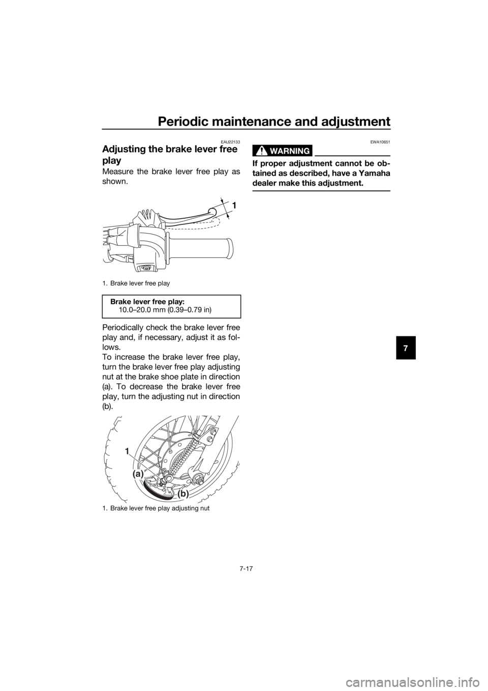 YAMAHA TT-R50E 2021 User Guide Periodic maintenance an d a djustment
7-17
7
EAU22133
A djustin g the  brake lever free 
play
Measure the brake lever free play as
shown.
Periodically check the brake lever free
play and, if necessary