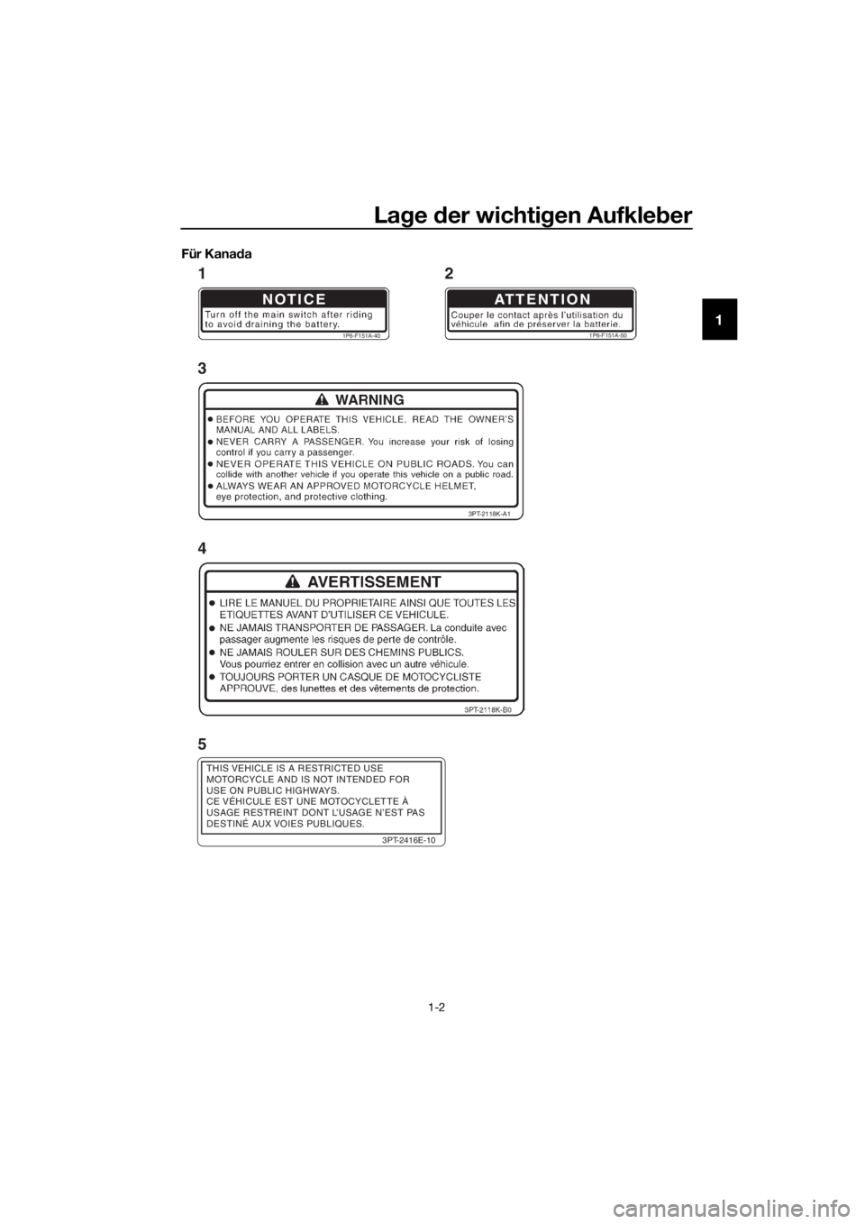 YAMAHA TT-R50E 2019 Betriebsanleitungen (in German) Lage der wichti gen Aufkle ber
1-2
1
Für Kana da
NOTICE
1P6-F151A-40
ATTENTION
1P6-F151A-50
3PT-2118K-A1
3PT-2416E-10
THIS VEHICLE IS A RESTRICTED USE
MOTORCYCLE AND IS NOT INTENDED FOR
USE ON PUBLI YAMAHA TT-R50E 2019 Betriebsanleitungen (in German) Lage der wichti gen Aufkle ber
1-2
1
Für Kana da
NOTICE
1P6-F151A-40
ATTENTION
1P6-F151A-50
3PT-2118K-A1
3PT-2416E-10
THIS VEHICLE IS A RESTRICTED USE
MOTORCYCLE AND IS NOT INTENDED FOR
USE ON PUBLI