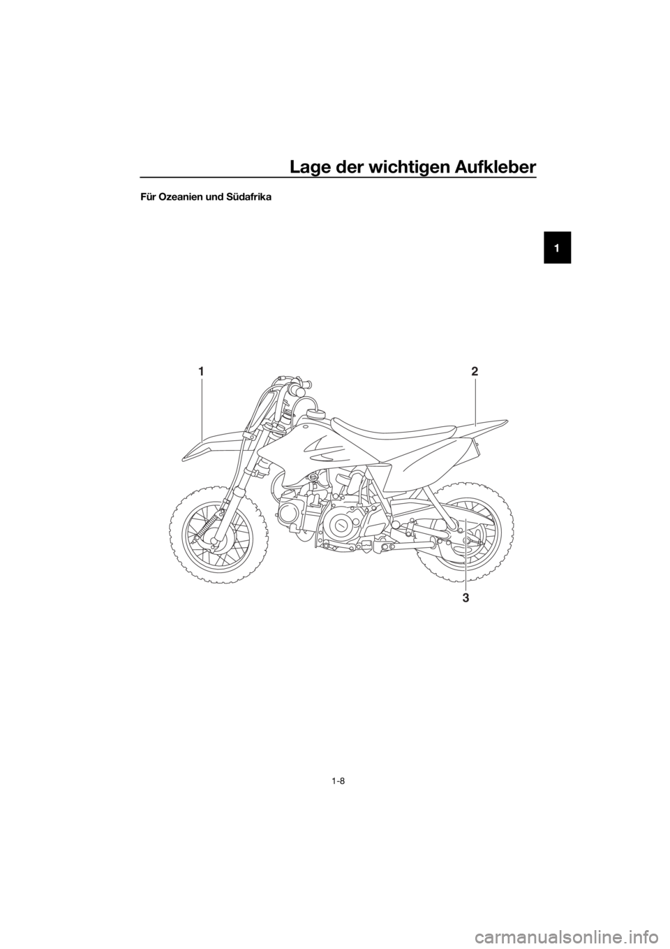 YAMAHA TT-R50E 2019 Betriebsanleitungen (in German) Lage der wichti gen Aufkle ber
1-8
1
Für Ozeanien un d S üd afrika
12
3
U2CJ86G0.book Page 8 Monday, June 18, 2018 2:37 PM YAMAHA TT-R50E 2019 Betriebsanleitungen (in German) Lage der wichti gen Aufkle ber
1-8
1
Für Ozeanien un d S üd afrika
12
3
U2CJ86G0.book Page 8 Monday, June 18, 2018 2:37 PM