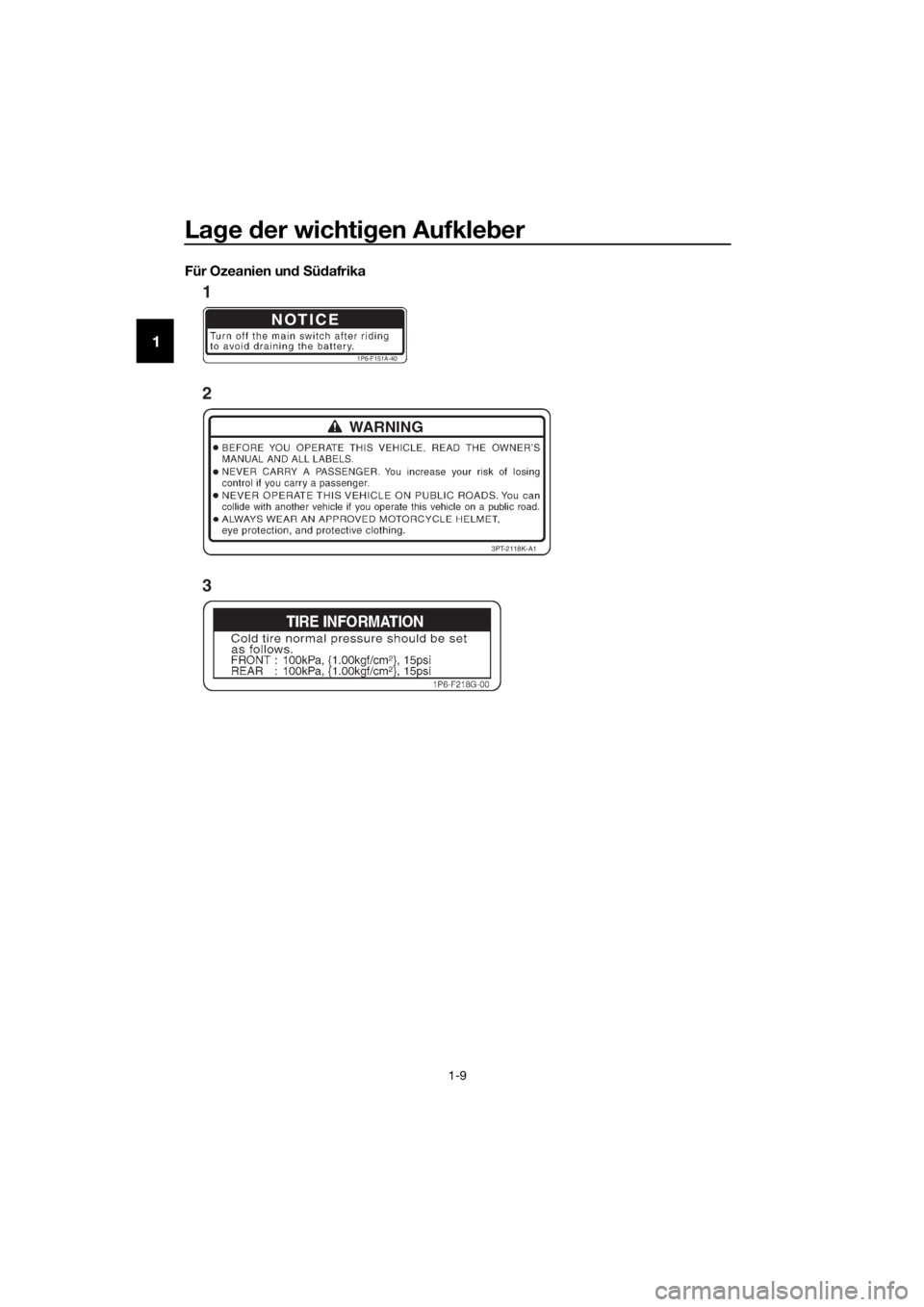 YAMAHA TT-R50E 2019 Betriebsanleitungen (in German) Lage der wichti gen Aufkle ber
1-9
1
Für Ozeanien un d S üd afrika
NOTICE
1P6-F151A-40
3PT-2118K-A1
1
2
3
U2CJ86G0.book Page 9 Monday, June 18, 2018 2:37 PM YAMAHA TT-R50E 2019 Betriebsanleitungen (in German) Lage der wichti gen Aufkle ber
1-9
1
Für Ozeanien un d S üd afrika
NOTICE
1P6-F151A-40
3PT-2118K-A1
1
2
3
U2CJ86G0.book Page 9 Monday, June 18, 2018 2:37 PM