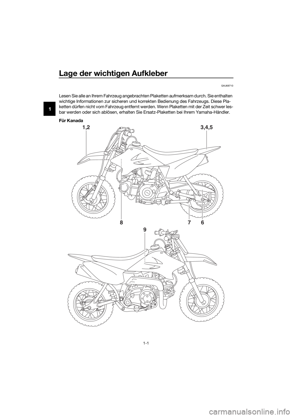 YAMAHA TT-R50E 2019 Betriebsanleitungen (in German) Lage der wichti gen Aufkle ber
1-1
1
GAU68710
Lesen Sie alle an Ihrem Fahrzeug angebrachten Plaketten aufmerksam durch. Sie enthalten
wichtige Informationen zur sicheren und korrekten Bedienung des YAMAHA TT-R50E 2019 Betriebsanleitungen (in German) Lage der wichti gen Aufkle ber
1-1
1
GAU68710
Lesen Sie alle an Ihrem Fahrzeug angebrachten Plaketten aufmerksam durch. Sie enthalten
wichtige Informationen zur sicheren und korrekten Bedienung des
