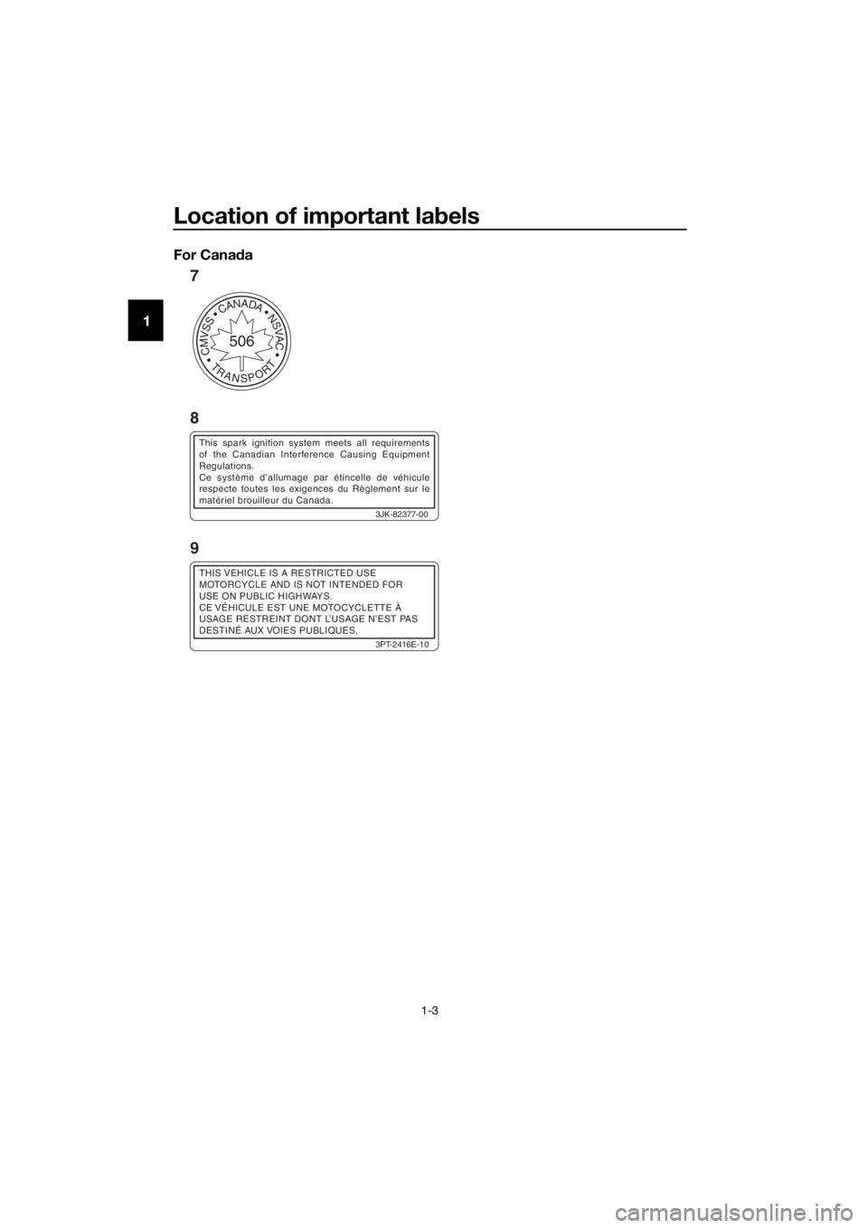 YAMAHA TT-R50E 2016 User Guide Location of important labels
1-3
1 For Cana
da
CMVSSCANADANSVAC
TRANSPORT
506
3JK-82377-00
This spark ignition system meets all requirements
of the Canadian Interference Causing Equipment
Regulation YAMAHA TT-R50E 2016 User Guide Location of important labels
1-3
1 For Cana
da
CMVSSCANADANSVAC
TRANSPORT
506
3JK-82377-00
This spark ignition system meets all requirements
of the Canadian Interference Causing Equipment
Regulation