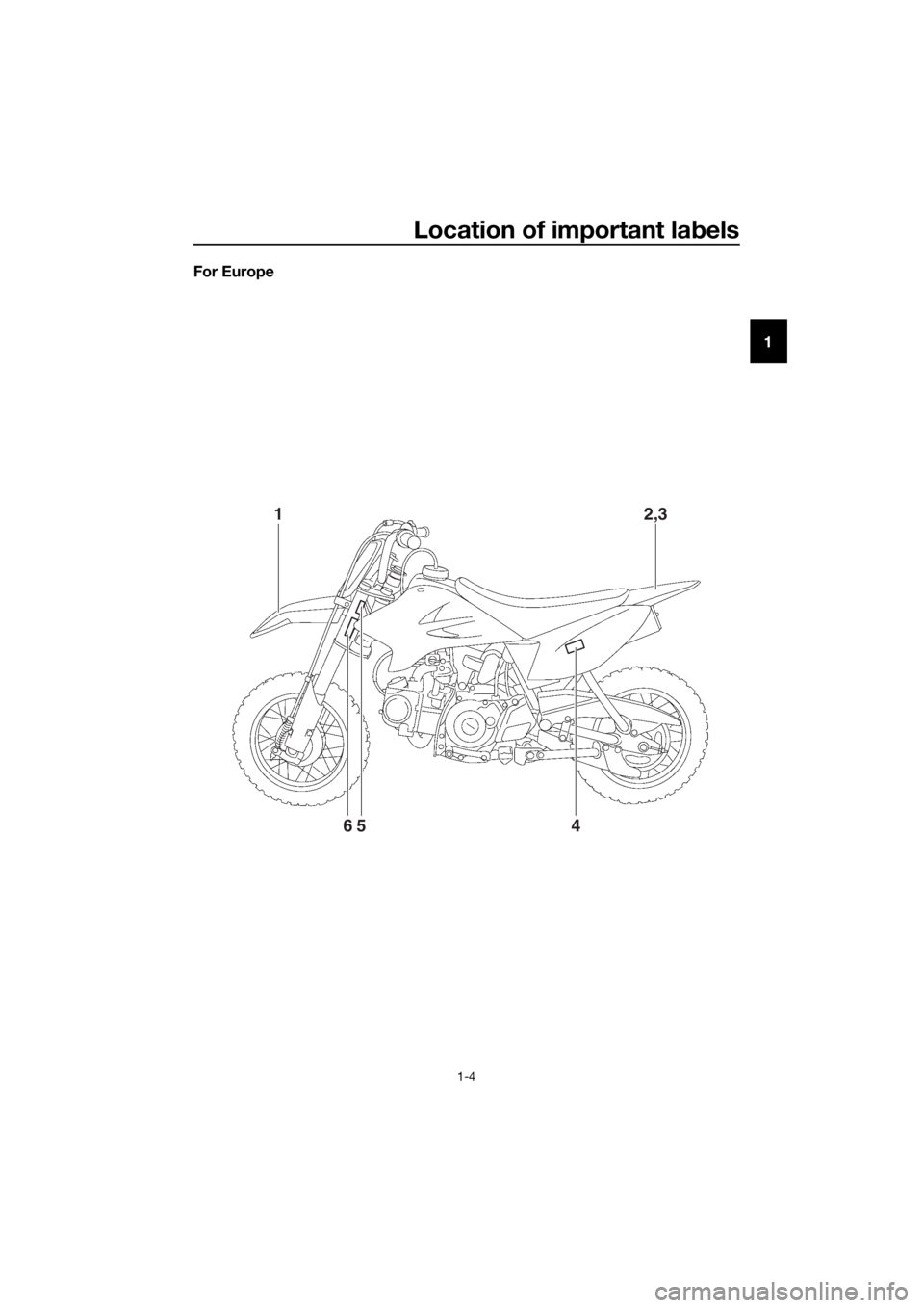 YAMAHA TT-R50E 2016 User Guide Location of important labels
1-4
1
For Europe
12,3
654
U2CJ83E0.book Page 4 Friday, June 26, 2015 10:36 AM YAMAHA TT-R50E 2016 User Guide Location of important labels
1-4
1
For Europe
12,3
654
U2CJ83E0.book Page 4 Friday, June 26, 2015 10:36 AM