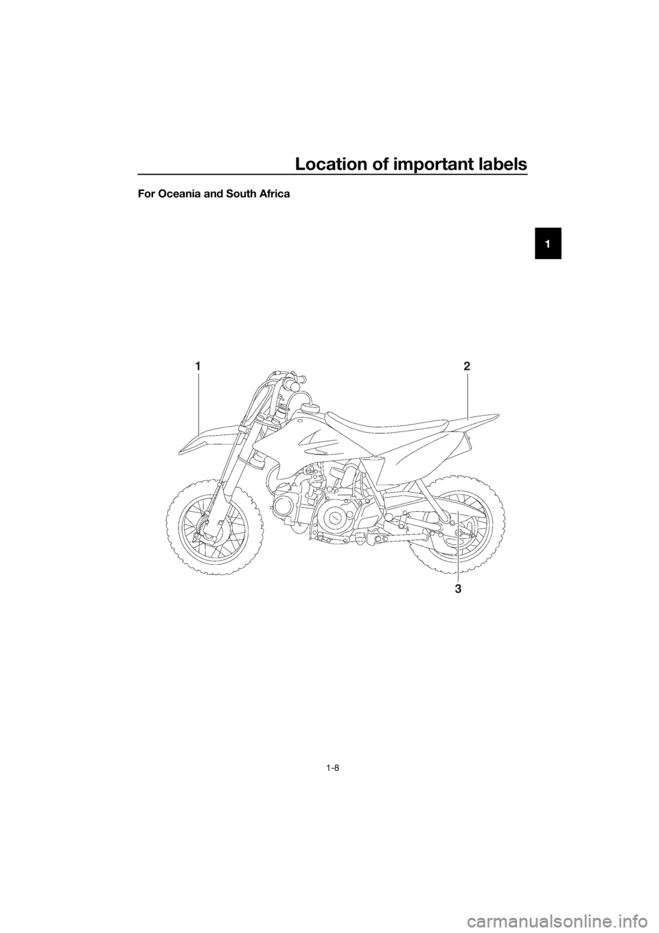 YAMAHA TT-R50E 2016 User Guide Location of important labels
1-8
1
For Oceania an
d South Africa
12
3
U2CJ83E0.book Page 8 Friday, June 26, 2015 10:36 AM YAMAHA TT-R50E 2016 User Guide Location of important labels
1-8
1
For Oceania an
d South Africa
12
3
U2CJ83E0.book Page 8 Friday, June 26, 2015 10:36 AM