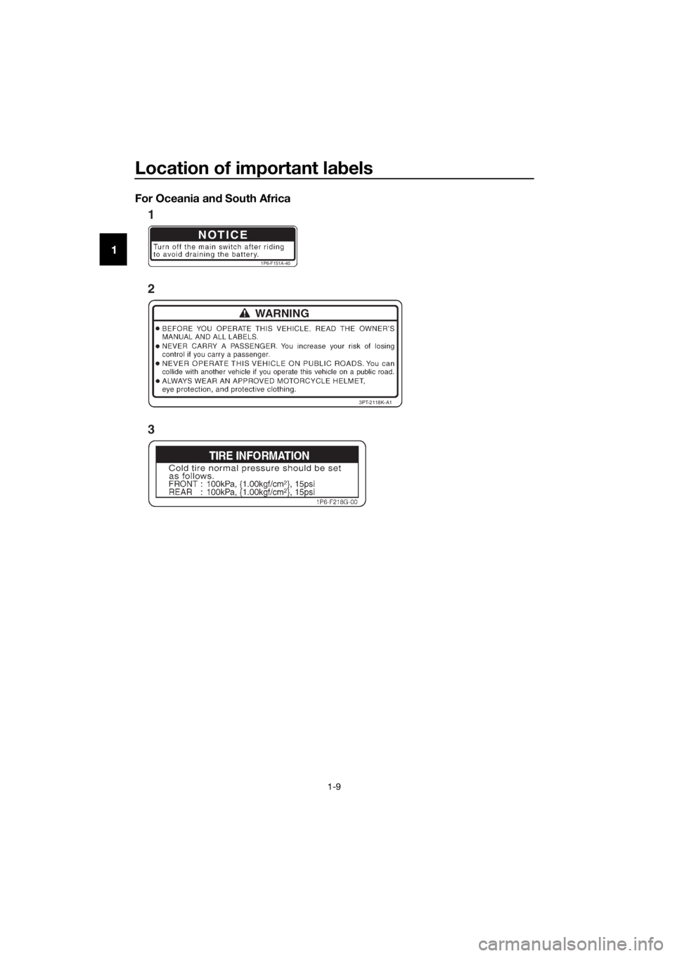 YAMAHA TT-R50E 2016 User Guide Location of important labels
1-9
1 For Oceania an
d South Africa
NOTICE
1P6-F151A-40
3PT-2118K-A1
1
2
3
U2CJ83E0.book Page 9 Friday, June 26, 2015 10:36 AM YAMAHA TT-R50E 2016 User Guide Location of important labels
1-9
1 For Oceania an
d South Africa
NOTICE
1P6-F151A-40
3PT-2118K-A1
1
2
3
U2CJ83E0.book Page 9 Friday, June 26, 2015 10:36 AM