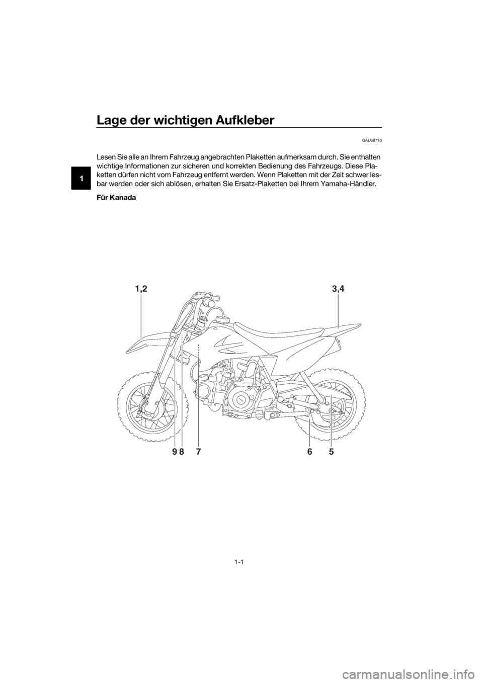 YAMAHA TT-R50E 2016 Betriebsanleitungen (in German) Lage der wichti gen Aufkle ber
1-1
1
GAU68710
Lesen Sie alle an Ihrem Fahrzeug angebrachten Plaketten aufmerksam durch. Sie enthalten
wichtige Informationen zur sicheren und korrekten Bedienung des YAMAHA TT-R50E 2016 Betriebsanleitungen (in German) Lage der wichti gen Aufkle ber
1-1
1
GAU68710
Lesen Sie alle an Ihrem Fahrzeug angebrachten Plaketten aufmerksam durch. Sie enthalten
wichtige Informationen zur sicheren und korrekten Bedienung des