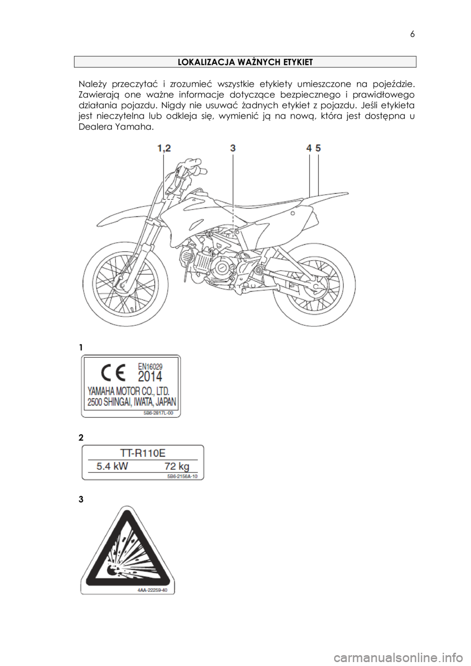 YAMAHA TTR110 2015  Instrukcja obsługi (in Polish)  
   
6 
 
LOKALIZACJA WAŻNYCH ETYKIET 
 
Należy  przeczytać  i  zrozumieć wszystkie  etykiety umieszczone na pojeździe. 
Zawierają  one  ważne  informacje  dotyczące  bezpiecznego  i  prawid�