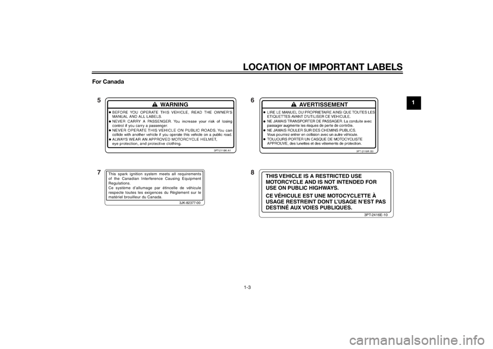 YAMAHA TTR110 2014 User Guide LOCATION OF IMPORTANT LABELS1-3
1
For Cana
da
3JK-82377-00
This spark ignition system meets all requirements 
of the Canadian Interference Causing Equipment 
Regulations.
Ce système d’allumage par 
