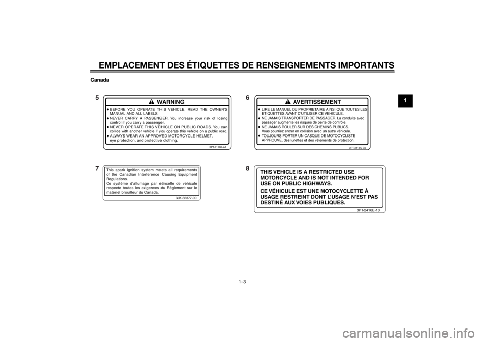 YAMAHA TTR110 2014  Notices Demploi (in French) EMPLACEMENT DES ÉTIQUETTES DE RENSEIGNEMENTS IMPORTANTS
1-3
1
Canada
3JK-82377-00
This spark ignition system meets all requirements 
of the Canadian Interference Causing Equipment 
Regulations.
Ce sy