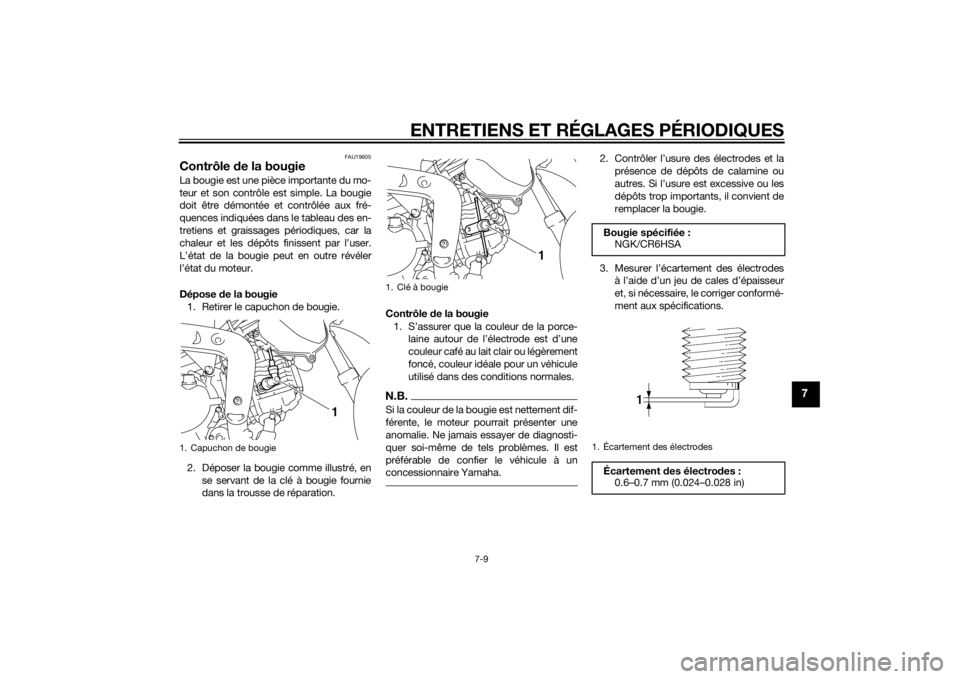 YAMAHA TTR110 2014 Notices Demploi (in French) ENTRETIENS ET RÉGLAGES PÉRIODIQUES
7-9
7
FAU19605
Contrôle de la bougieLa bougie est une pièce importante du mo-
teur et son contrôle est simple. La bougie
doit être démontée et contrôlée au YAMAHA TTR110 2014 Notices Demploi (in French) ENTRETIENS ET RÉGLAGES PÉRIODIQUES
7-9
7
FAU19605
Contrôle de la bougieLa bougie est une pièce importante du mo-
teur et son contrôle est simple. La bougie
doit être démontée et contrôlée au
