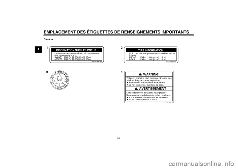 YAMAHA TTR110 2013  Notices Demploi (in French) EMPLACEMENT DES ÉTIQUETTES DE RENSEIGNEMENTS IMPORTANTS
1-2
1
Canada
•CMVSSCANADANSVAC
TRANSPORT
506
2
4
1
3
Cold tire normal pressure should be set as
follows.FRONT : 100kPa, {1.00kgf/cm
2}, 15psi