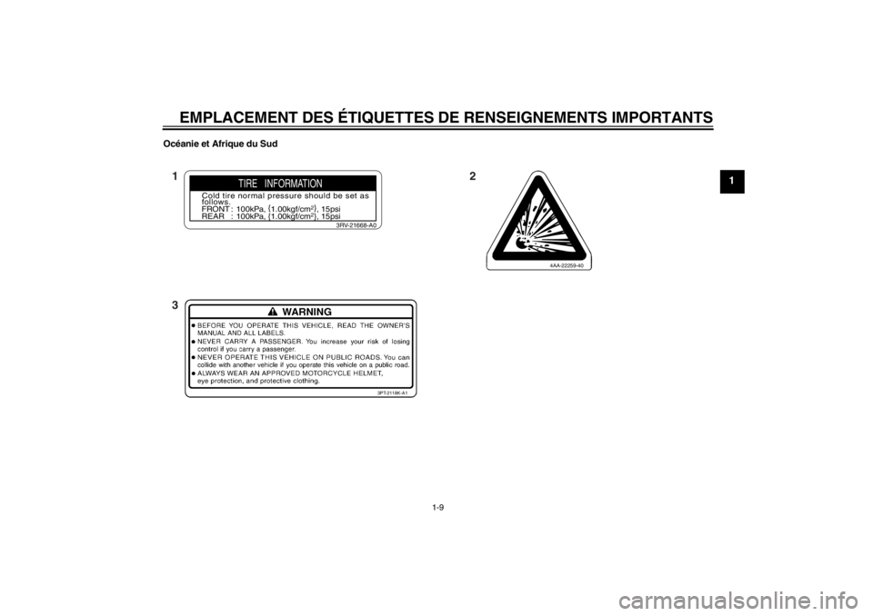 YAMAHA TTR110 2013  Notices Demploi (in French) EMPLACEMENT DES ÉTIQUETTES DE RENSEIGNEMENTS IMPORTANTS
1-9
1
Océanie et Afrique du Sud
TIRE   INFORMATION
Cold tire normal pressure should be set as
follows.
FRONT : 100kPa,  {
1.00kgf/cm
2}, 15psi