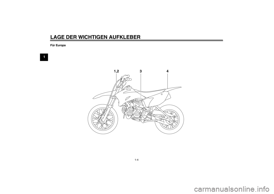 YAMAHA TTR110 2012  Betriebsanleitungen (in German) LAGE DER WICHTIGEN AUFKLEBER
1-4
1
Für Europa
4
1,2
3
U5B684G0.book  Page 4  Monday, June 13, 2011  2:13 PM 