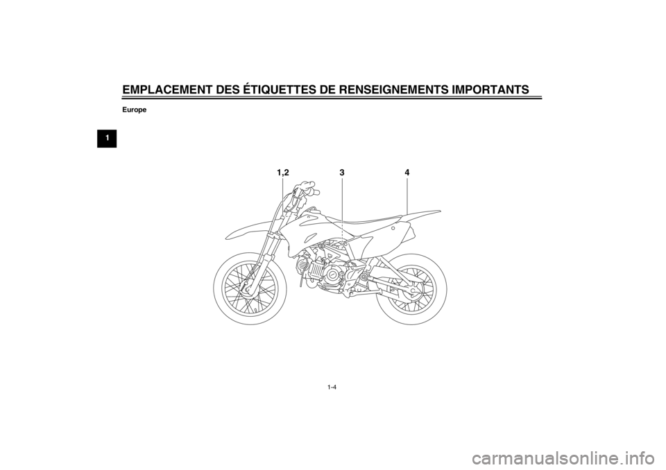 YAMAHA TTR110 2012  Notices Demploi (in French) EMPLACEMENT DES ÉTIQUETTES DE RENSEIGNEMENTS IMPORTANTS
1-4
1
Europe
4
1,2
3
U5B684F0.book  Page 4  Monday, June 13, 2011  2:08 PM 