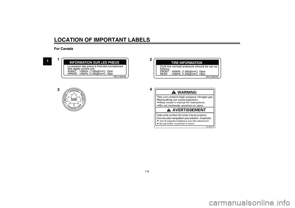 YAMAHA TTR110 2010 User Guide LOCATION OF IMPORTANT LABELS
1-2
1For Canada
CMVSSCANADANSVAC
TRANSPORT
506
2
4 1
3
Cold tire normal pressure should be set as
follows.FRONT : 100kPa, {1.00kgf/cm
2}, 15psi
REAR : 100kPa, {1.00kgf