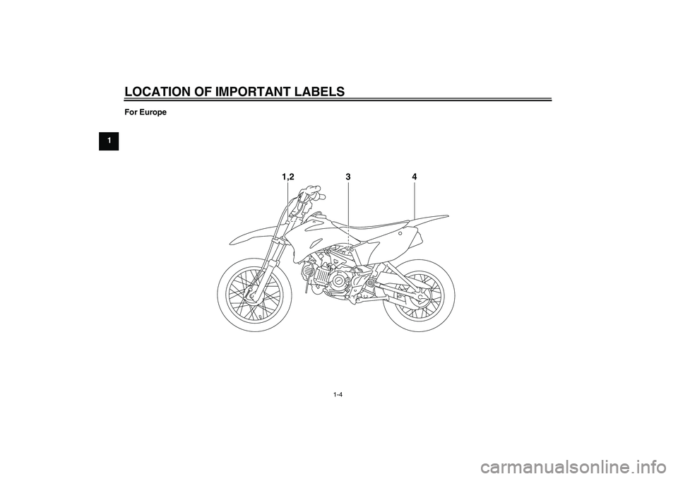YAMAHA TTR110 2010 User Guide LOCATION OF IMPORTANT LABELS
1-4
1For Europe
4 1,2
3
U5B682E0.book  Page 4  Tuesday, June 9, 2009  2:04 PM 