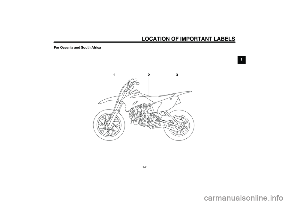 YAMAHA TTR110 2010 User Guide LOCATION OF IMPORTANT LABELS1-7
1 For Oceania and South Africa
13
2
U5B682E0.book  Page 7  Tuesday, June 9, 2009  2:04 PM 
