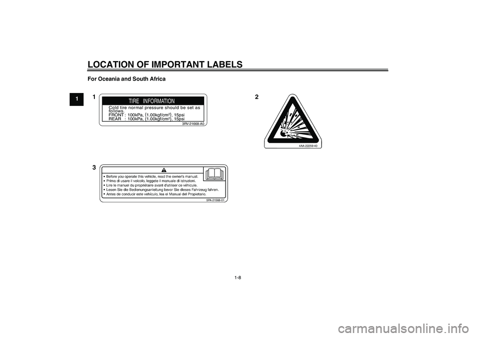 YAMAHA TTR110 2010 User Guide LOCATION OF IMPORTANT LABELS
1-8
1For Oceania and South Africa
5PA-21568-01
TIRE   INFORMATION
Cold tire normal pressure should be set as
follows.
FRONT : 100kPa, {
1.00kgf/cm
2}
, 15psi
REAR : 100kPa