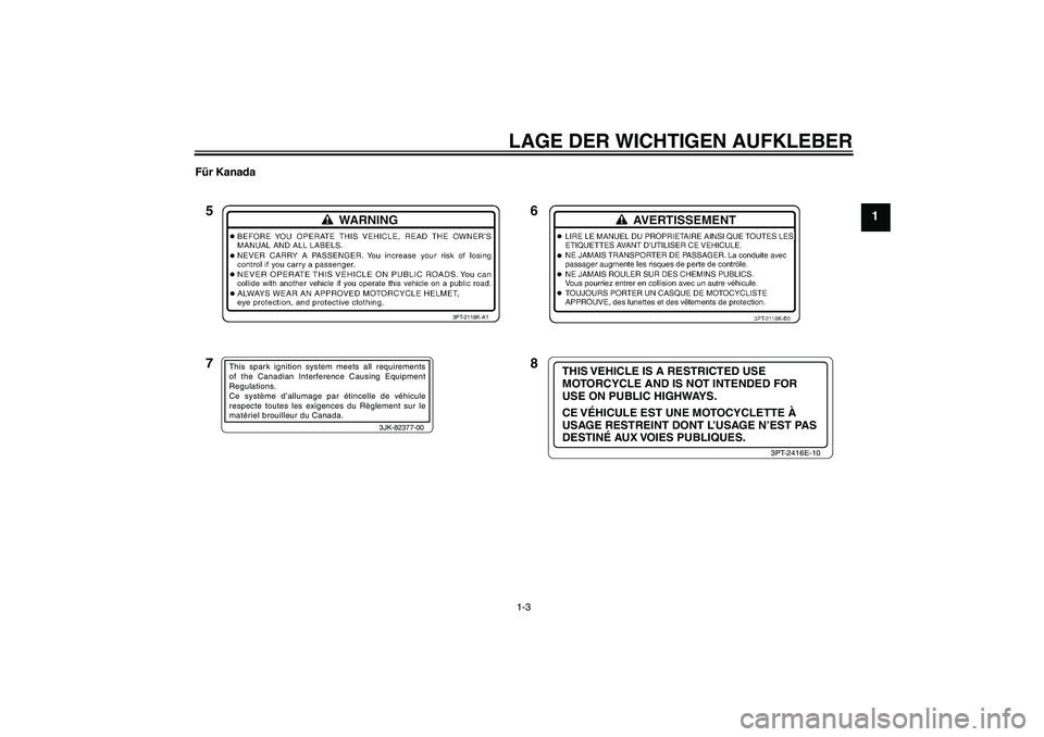 YAMAHA TTR110 2010  Betriebsanleitungen (in German) LAGE DER WICHTIGEN AUFKLEBER1-3
1
Für Kanada
3JK-82377-00
This spark ignition system meets all requirements 
of the Canadian Interference Causing Equipment 
Regulations.
Ce système d’allumage par 