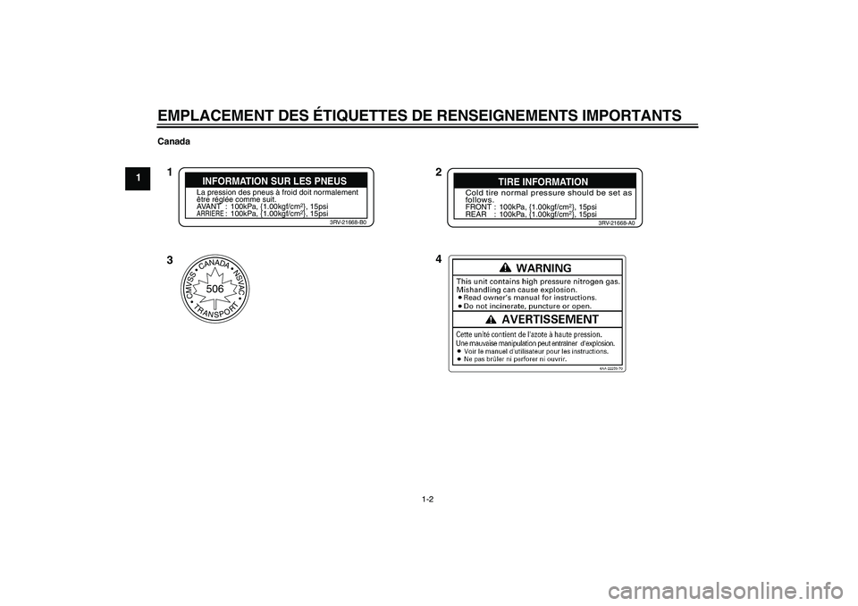 YAMAHA TTR110 2010  Notices Demploi (in French) EMPLACEMENT DES ÉTIQUETTES DE RENSEIGNEMENTS IMPORTANTS
1-2
1
Canada
CMVSSCANADANSVAC
TRANSPORT
506
2
4 1
3
Cold tire normal pressure should be set as
follows.FRONT : 100kPa, {1.00kgf/cm
2}, 15ps