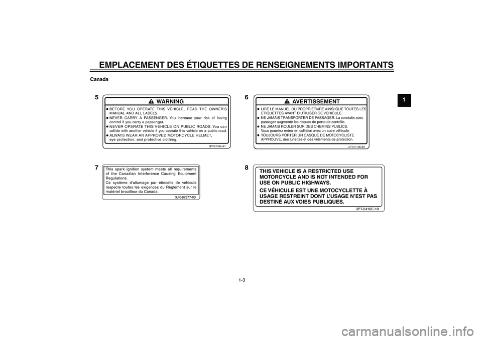 YAMAHA TTR110 2010  Notices Demploi (in French) EMPLACEMENT DES ÉTIQUETTES DE RENSEIGNEMENTS IMPORTANTS
1-3
1
Canada
3JK-82377-00
This spark ignition system meets all requirements 
of the Canadian Interference Causing Equipment 
Regulations.
Ce sy