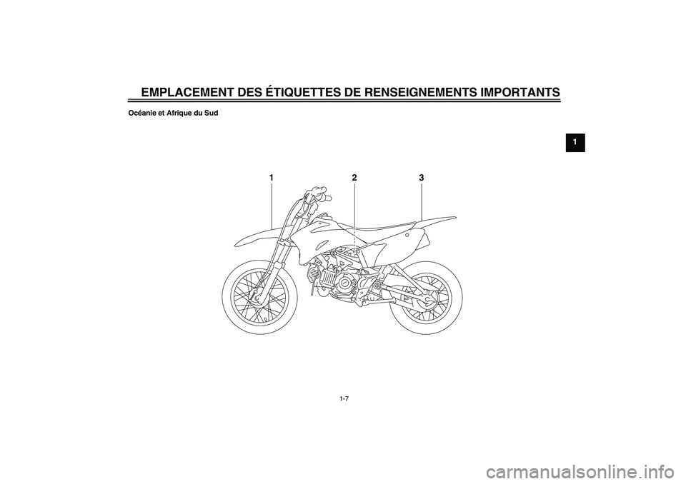 YAMAHA TTR110 2010  Notices Demploi (in French) EMPLACEMENT DES ÉTIQUETTES DE RENSEIGNEMENTS IMPORTANTS
1-7
1
Océanie et Afrique du Sud
13
2
U5B682F0.book  Page 7  Tuesday, June 9, 2009  2:05 PM 