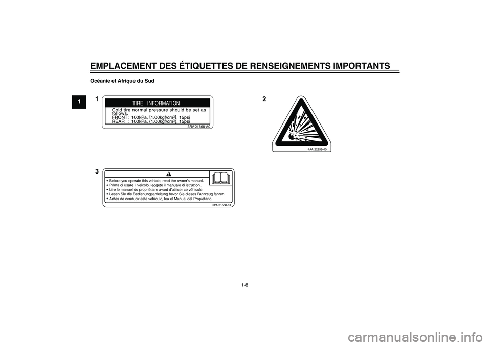 YAMAHA TTR110 2010  Notices Demploi (in French) EMPLACEMENT DES ÉTIQUETTES DE RENSEIGNEMENTS IMPORTANTS
1-8
1
Océanie et Afrique du Sud
5PA-21568-01
TIRE   INFORMATION
Cold tire normal pressure should be set as
follows.
FRONT : 100kPa, {
1.00kgf/