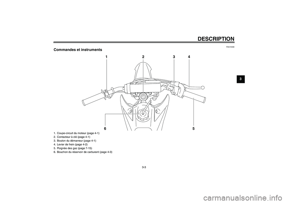 YAMAHA TTR110 2010 Notices Demploi (in French) DESCRIPTION
3-3
3
FAU10430
Commandes et instruments
1234
5 6
1. Coupe-circuit du moteur (page 4-1)
2. Contacteur à clé (page 4-1)
3. Bouton du démarreur (page 4-1)
4. Levier de frein (page 4-2)
5. YAMAHA TTR110 2010 Notices Demploi (in French) DESCRIPTION
3-3
3
FAU10430
Commandes et instruments
1234
5 6
1. Coupe-circuit du moteur (page 4-1)
2. Contacteur à clé (page 4-1)
3. Bouton du démarreur (page 4-1)
4. Levier de frein (page 4-2)
5.