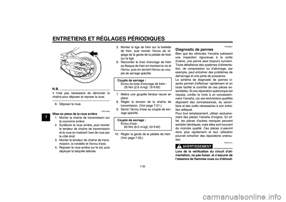 YAMAHA TTR110 2010  Notices Demploi (in French) ENTRETIENS ET RÉGLAGES PÉRIODIQUES
7-32
7
N.B.Il n’est pas nécessaire de démonter la
chaîne pour déposer et reposer la roue.8. Déposer la roue.
FAU41654
Mise en place de la roue arrière
1. M