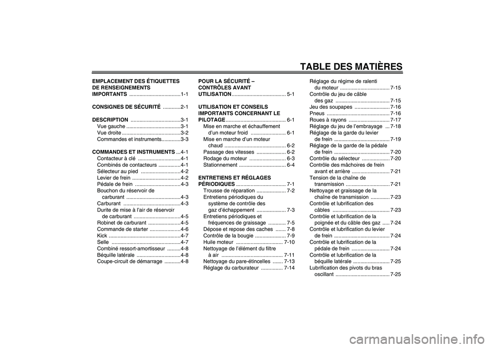 YAMAHA TTR110 2010  Notices Demploi (in French) TABLE DES MATIÈRES
EMPLACEMENT DES ÉTIQUETTES 
DE RENSEIGNEMENTS 
IMPORTANTS ................................... 1-1
CONSIGNES DE SÉCURITÉ ............ 2-1
DESCRIPTION ............................