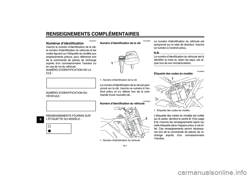 YAMAHA TTR110 2009 Notices Demploi (in French) RENSEIGNEMENTS COMPLÉMENTAIRES
9-1
9
FAU26351
Numéros d’identification Inscrire le numéro d’identification de la clé,
le numéro d’identification du véhicule et les
codes figurant sur l’à YAMAHA TTR110 2009 Notices Demploi (in French) RENSEIGNEMENTS COMPLÉMENTAIRES
9-1
9
FAU26351
Numéros d’identification Inscrire le numéro d’identification de la clé,
le numéro d’identification du véhicule et les
codes figurant sur l’Ã