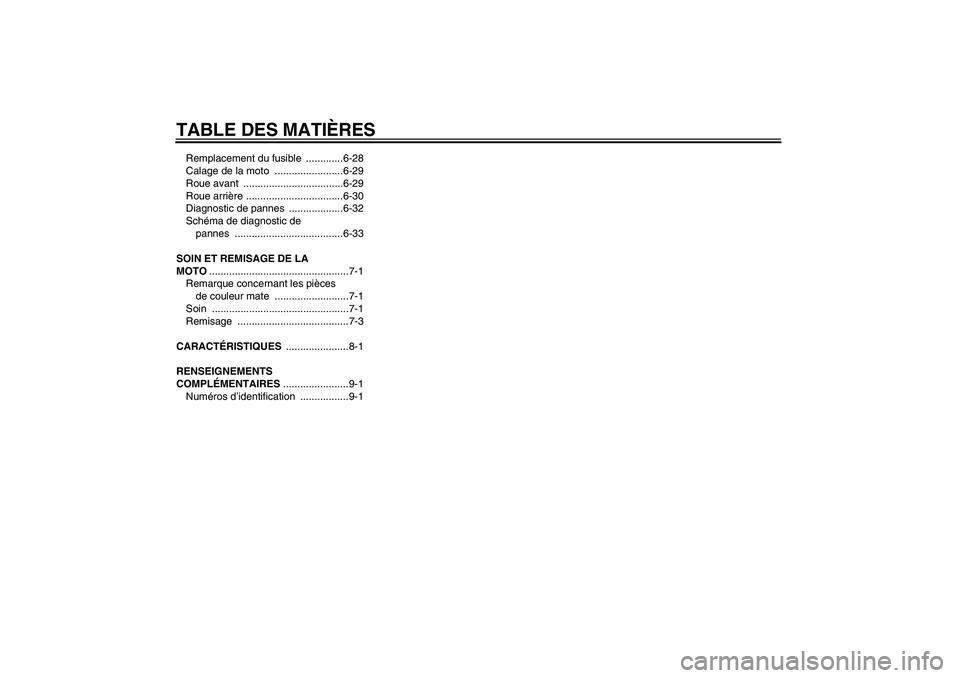 YAMAHA TTR110 2009 Notices Demploi (in French) TABLE DES MATIÈRESRemplacement du fusible .............6-28
Calage de la moto ........................6-29
Roue avant ...................................6-29
Roue arrière ........................ YAMAHA TTR110 2009 Notices Demploi (in French) TABLE DES MATIÈRESRemplacement du fusible .............6-28
Calage de la moto ........................6-29
Roue avant ...................................6-29
Roue arrière ........................