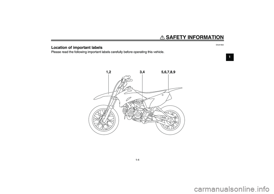 YAMAHA TTR110 2008 User Guide SAFETY INFORMATION
1-4
1
EAU41852
Location of important labels Please read the following important labels carefully before operating this vehicle.
1,2
5,6,7,8,9
3,4
U5B680E0.book  Page 4  Tuesday, Jul