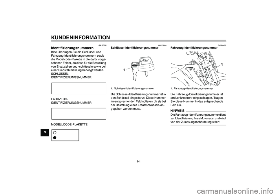 YAMAHA TTR110 2008  Betriebsanleitungen (in German) KUNDENINFORMATION
9-1
9
GAU26351
Identifizierungsnummern Bitte übertragen Sie die Schlüssel- und 
Fahrzeug-Identifizierungsnummern sowie 
die Modellcode-Plakette in die dafür vorge-
sehenen Felder,