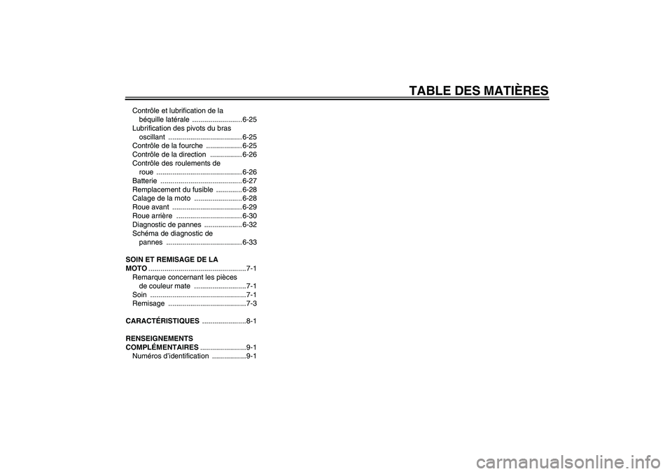 YAMAHA TTR110 2008  Notices Demploi (in French) TABLE DES MATIÈRES
Contrôle et lubrification de la 
béquille latérale ......................... 6-25
Lubrification des pivots du bras 
oscillant ..................................... 6-25
Contrôl