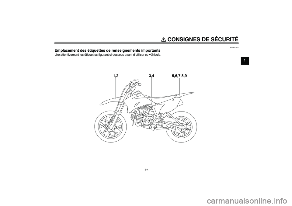 YAMAHA TTR110 2008  Notices Demploi (in French) CONSIGNES DE SÉCURITÉ
1-4
1
FAU41852
Emplacement des étiquettes de renseignements importants Lire attentivement les étiquettes figurant ci-dessous avant d’utiliser ce véhicule.
1,2
5,6,7,8,9
3,