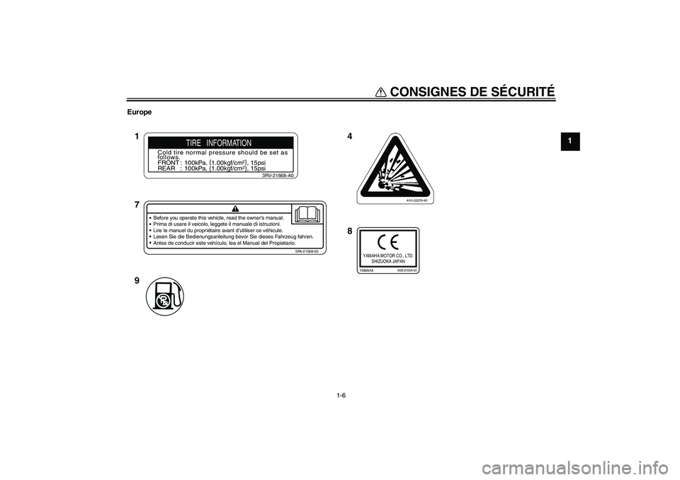 YAMAHA TTR110 2008  Notices Demploi (in French) CONSIGNES DE SÉCURITÉ
1-6
1
Europe
4
8 1
7
9
Before you operate this vehicle, read the owner’s manual.
Prima di usare il veicolo, leggete il manuale di istruzioni.
Lire le manuel du propriétaire 