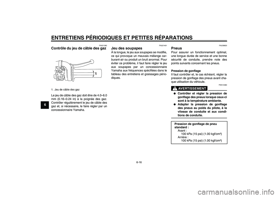 YAMAHA TTR110 2008 Notices Demploi (in French) ENTRETIENS PÉRIODIQUES ET PETITES RÉPARATIONS
6-16
6
FAU21382
Contrôle du jeu de câble des gaz Le jeu de câble des gaz doit être de 4.0–6.0
mm (0.16–0.24 in) à la poignée des gaz.
Contrôl YAMAHA TTR110 2008 Notices Demploi (in French) ENTRETIENS PÉRIODIQUES ET PETITES RÉPARATIONS
6-16
6
FAU21382
Contrôle du jeu de câble des gaz Le jeu de câble des gaz doit être de 4.0–6.0
mm (0.16–0.24 in) à la poignée des gaz.
Contrôl