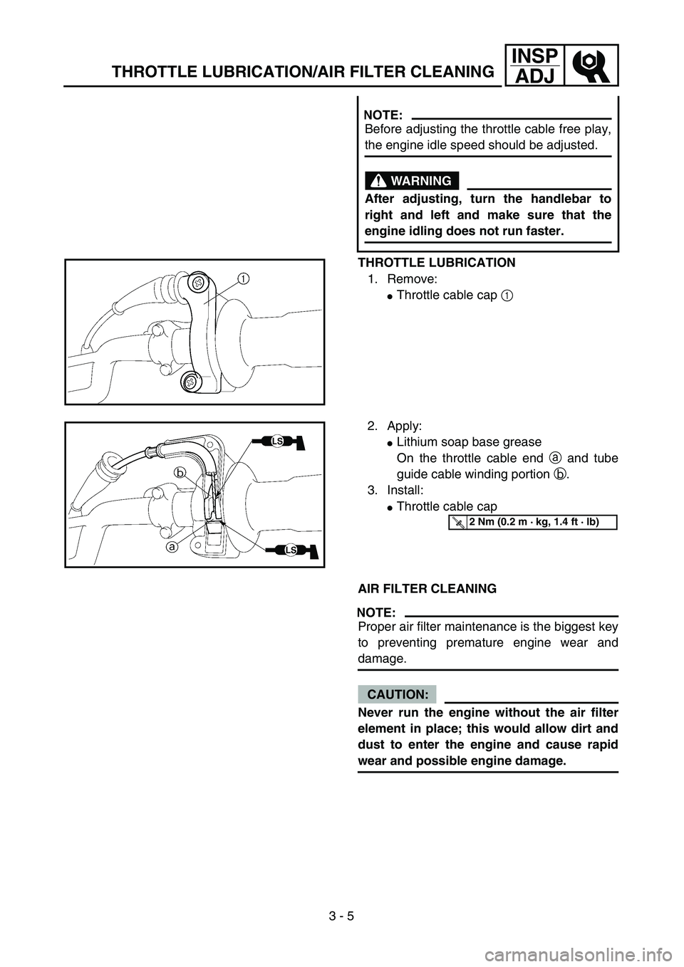 YAMAHA TTR125 2006  Owners Manual 3 - 5
INSP
ADJ
THROTTLE LUBRICATION/AIR FILTER CLEANING
THROTTLE LUBRICATION
1. Remove:
Throttle cable cap 1 
NOTE:
Before adjusting the throttle cable free play,
the engine idle speed should be adju