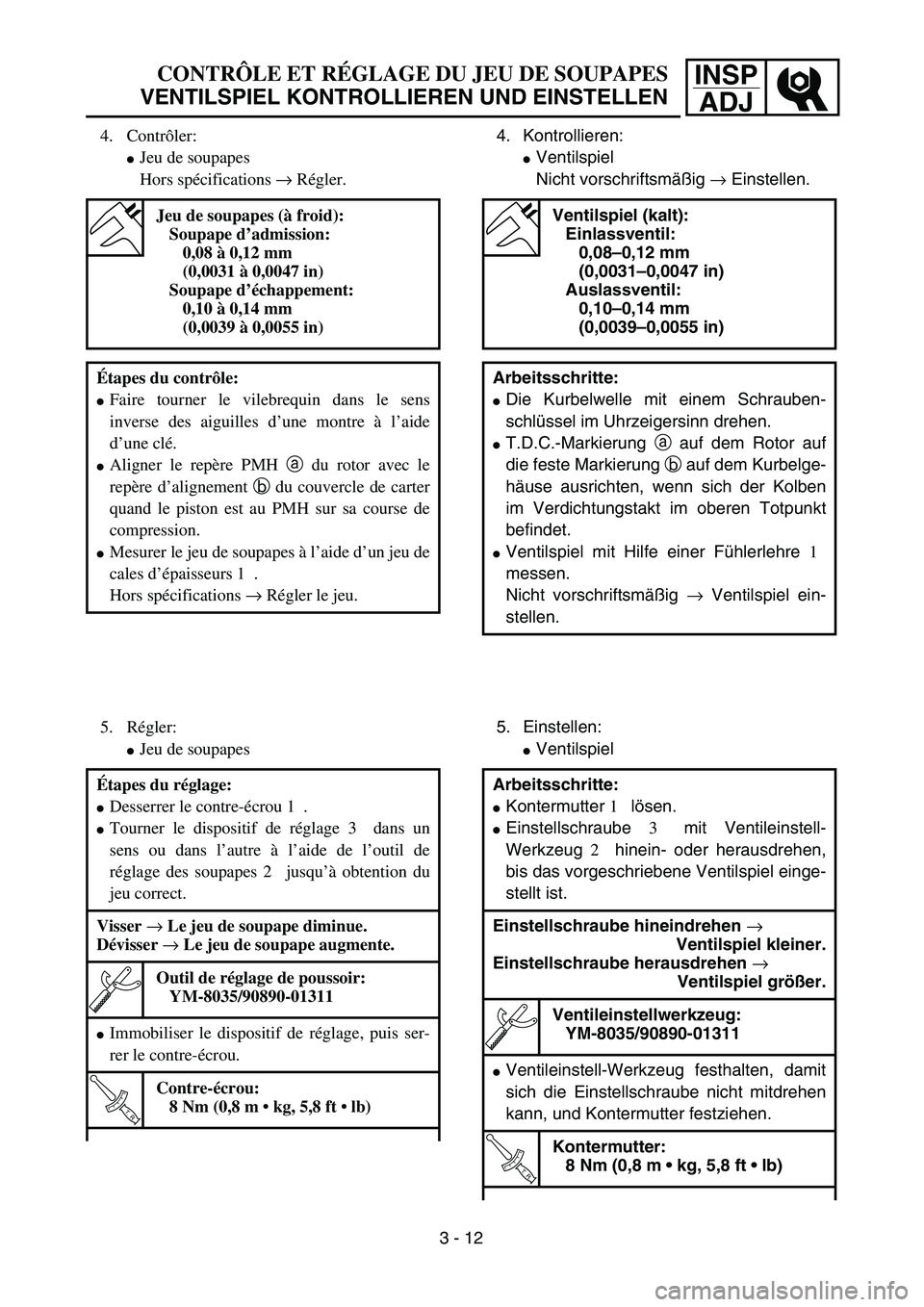 YAMAHA TTR125 2006  Owners Manual INSPADJ
4.  Kontrollieren:
 Ventilspiel
Nicht vorschriftsm äßig → Einstellen. 
5.  Einstellen:
Ventilspiel
Ventilspiel (kalt):
Einlassventil:0,08 –0,12 mm
(0,0031 –0,0047 in)
Auslassv
 entil