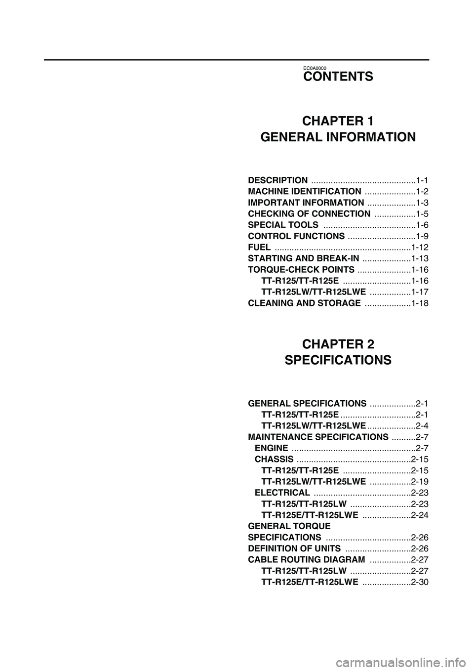 YAMAHA TTR125 2006  Owners Manual EC0A0000
CONTENTS
CHAPTER 1
GENERAL INFORMATION
DESCRIPTION ...........................................1-1
MACHINE IDENTIFICATION .....................1-2
IMPORTANT INFORMATION ....................1-3