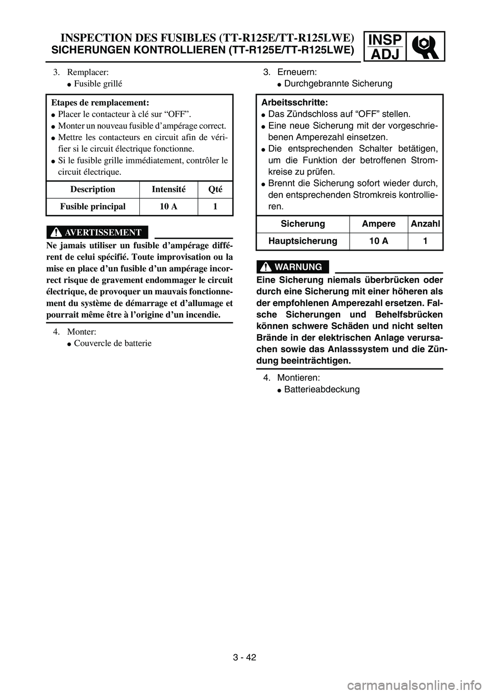 YAMAHA TTR125 2006  Owners Manual INSPADJ
3.  Erneuern: 
 Durchgebrannte Sicherung
WARNUNG
Eine Sicherung niemals  überbr ücken oder
durch eine Sicherung mit einer h öheren als
der empfohlenen Amperezahl ersetzen. Fal-
sche Sicher