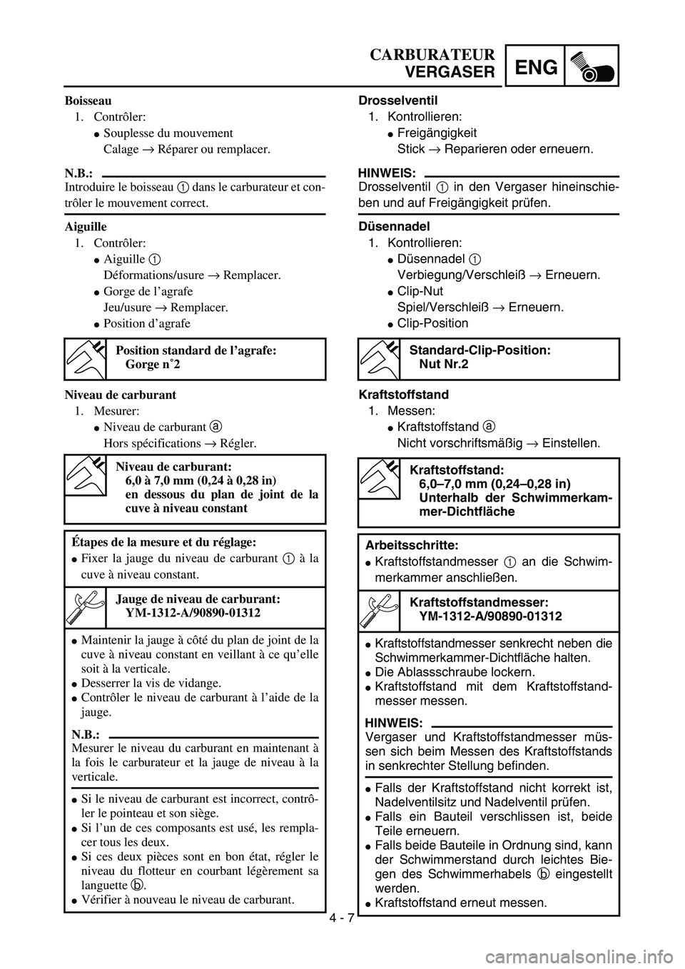YAMAHA TTR125 2006  Owners Manual 4 - 7
ENG
CARBURATEURVERGASER
Drosselventil 
1.  Kontrollieren:
 Freig ängigkeit
Stick  → Reparieren oder erneuern.
HINWEIS:
Drosselventil  1 in den Vergaser hineinschie-
ben und auf Freig ängigk